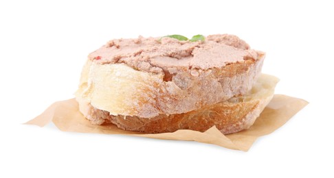 Photo of Sandwich with delicious liverwurst and basil isolated on white