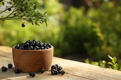 Photo of Bowl of bilberries on wooden table and green twigs with ripe berries outdoors, space for text