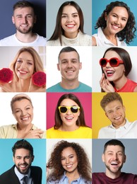 Image of Collage with photos of happy smiling people on different color backgrounds 