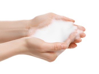 Photo of Woman with bath foam on white background, closeup