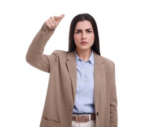 Photo of Beautiful young businesswoman in suit on white background