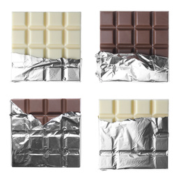Image of Set with different chocolate bars on white background, top view