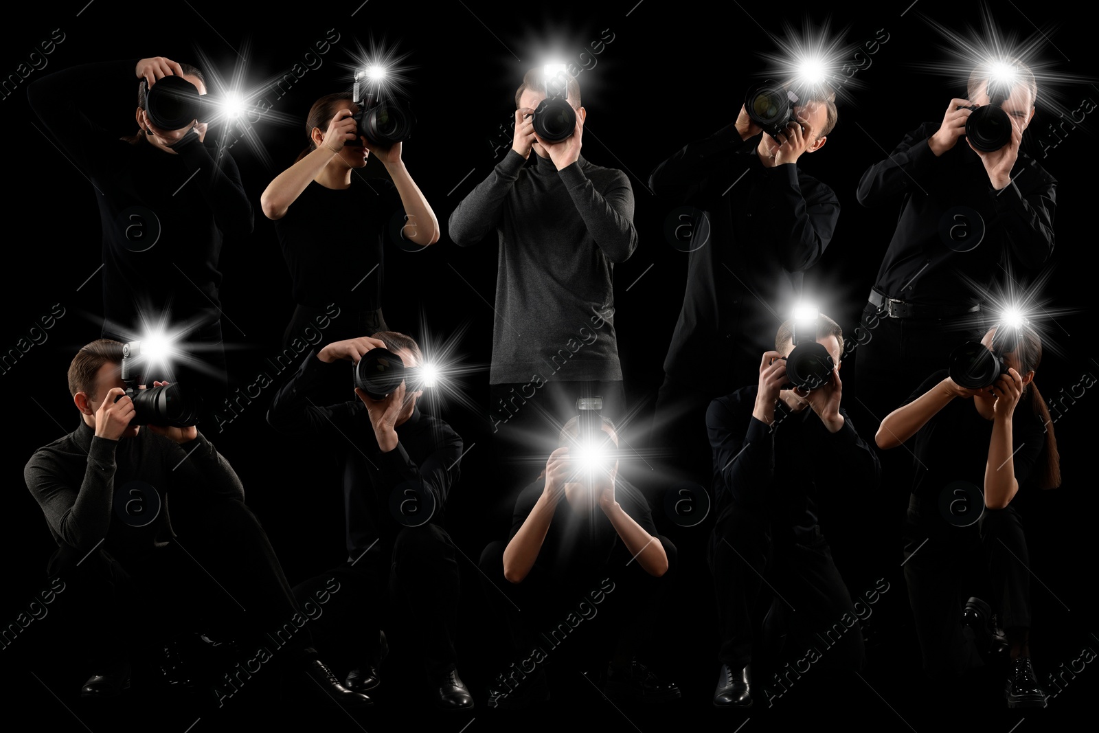 Image of Group of photographers with cameras on black background. Paparazzi taking pictures with flashes