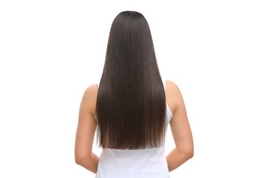 Photo of Woman with healthy hair after treatment isolated on white, back view