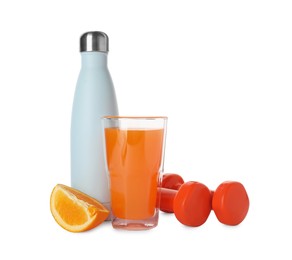 Photo of Tasty shake, orange, dumbbells and thermo bottle isolated on white. Weight loss