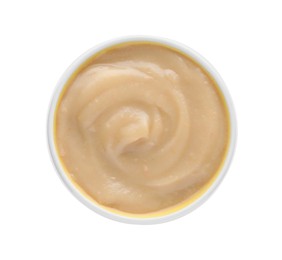 Photo of Fruit puree in bowl on white background, top view
