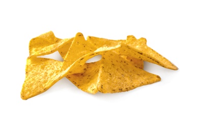 Photo of Tasty Mexican nachos chips on white background