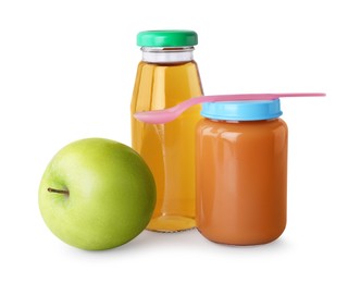 Photo of Healthy baby food, bottle with juice and apple on light grey background