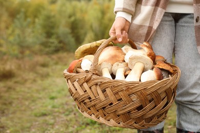 Man holding wicker basket with fresh wild mushrooms, closeup. Space for text