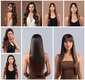 Image of Beautiful woman with hairstylings on different color backgrounds. Collage of photos