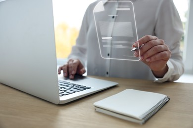 Image of Concept of electronic signature. Woman working on laptop at table indoors, closeup