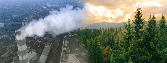 Image of Environmental pollution, banner design. Collage divided into mountain landscape and aerial view on industrial factory with emissions, double exposure