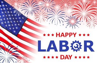 Image of Happy Labor Day. American national flag and fireworks on white background