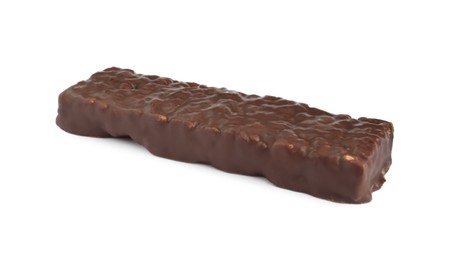 Photo of Tasty chocolate glazed protein bar isolated on white. Healthy snack