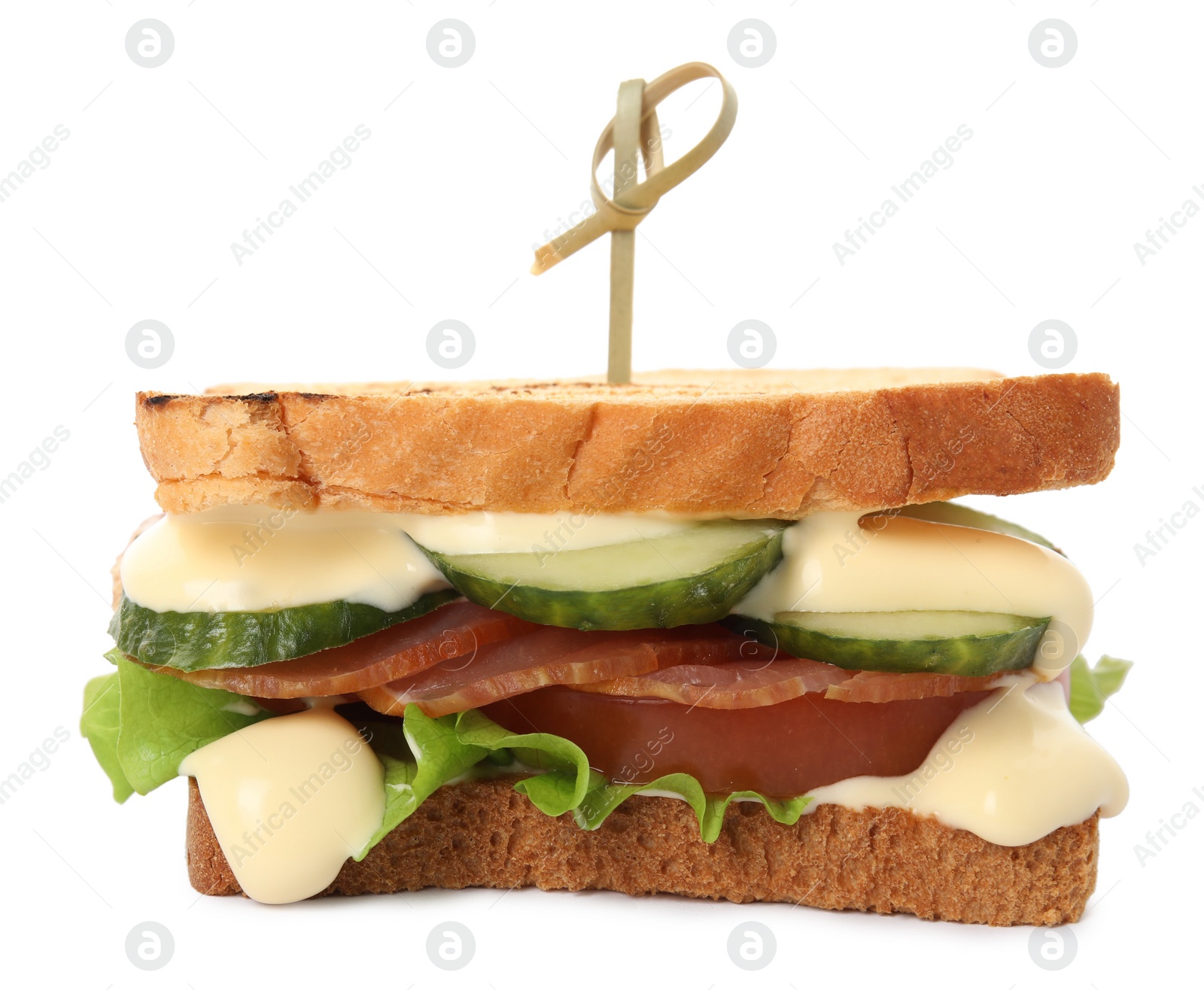 Photo of Delicious sandwich with vegetables, ham and mayonnaise isolated on white