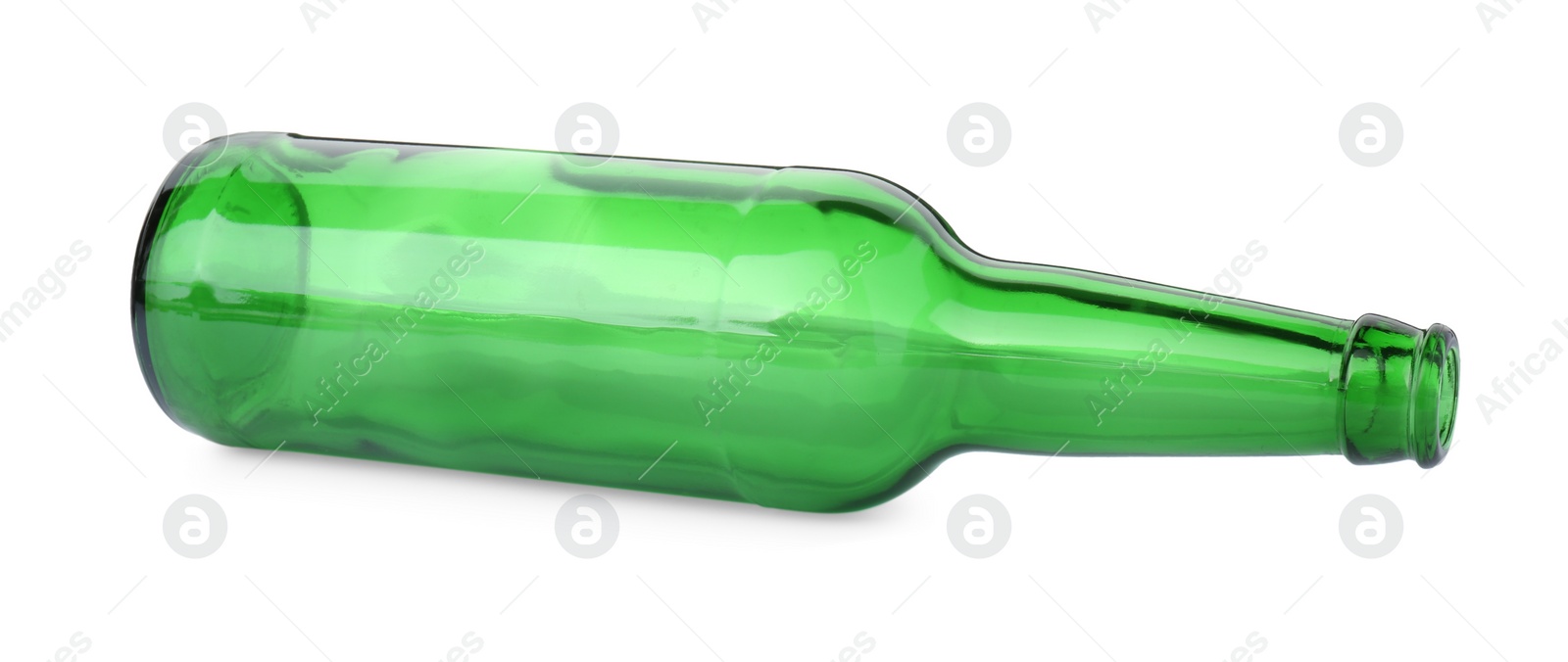 Photo of One empty green beer bottle isolated on white