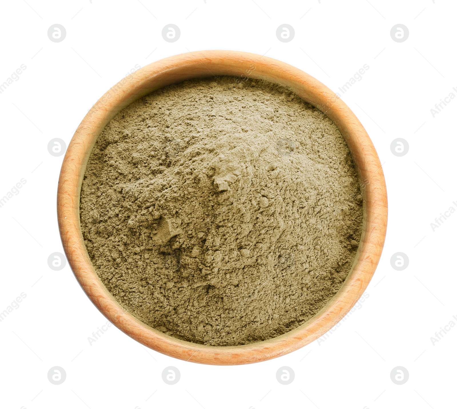 Photo of Bowl with hemp protein powder on white background, top view