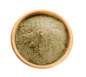 Photo of Bowl with hemp protein powder on white background, top view