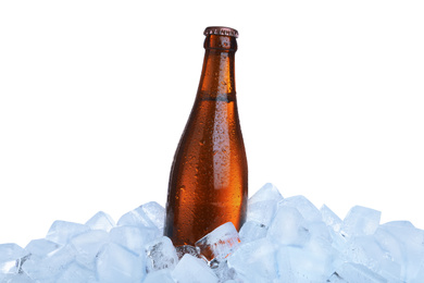 Photo of Ice cubes and bottle on white background