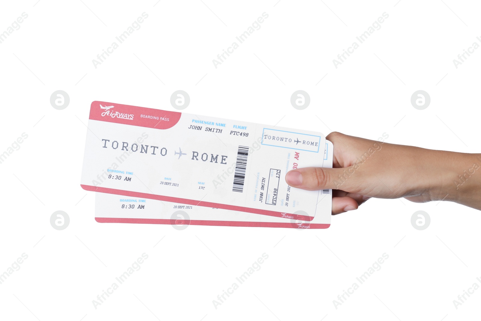 Photo of Woman holding tickets on white background, closeup. Travel agency concept