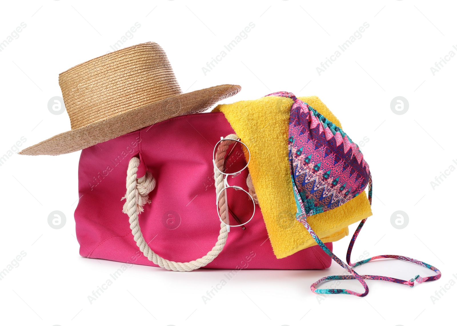 Photo of Different stylish beach accessories on white background