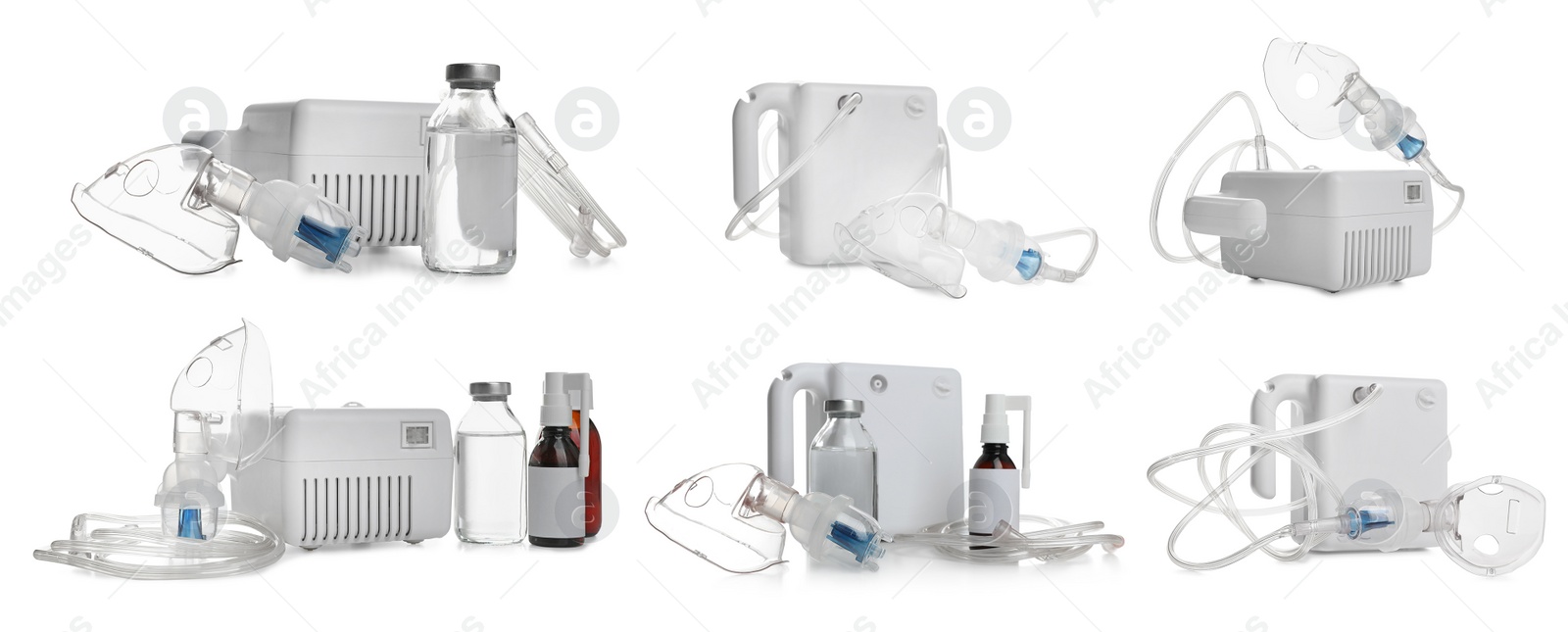 Image of Set of modern nebulizers on white background, banner design. Inhalation equipment