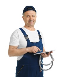 Mature plumber with tablet computer and hose on white background