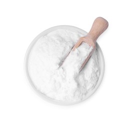 Bowl with sweet fructose powder and scoop isolated on white, top view