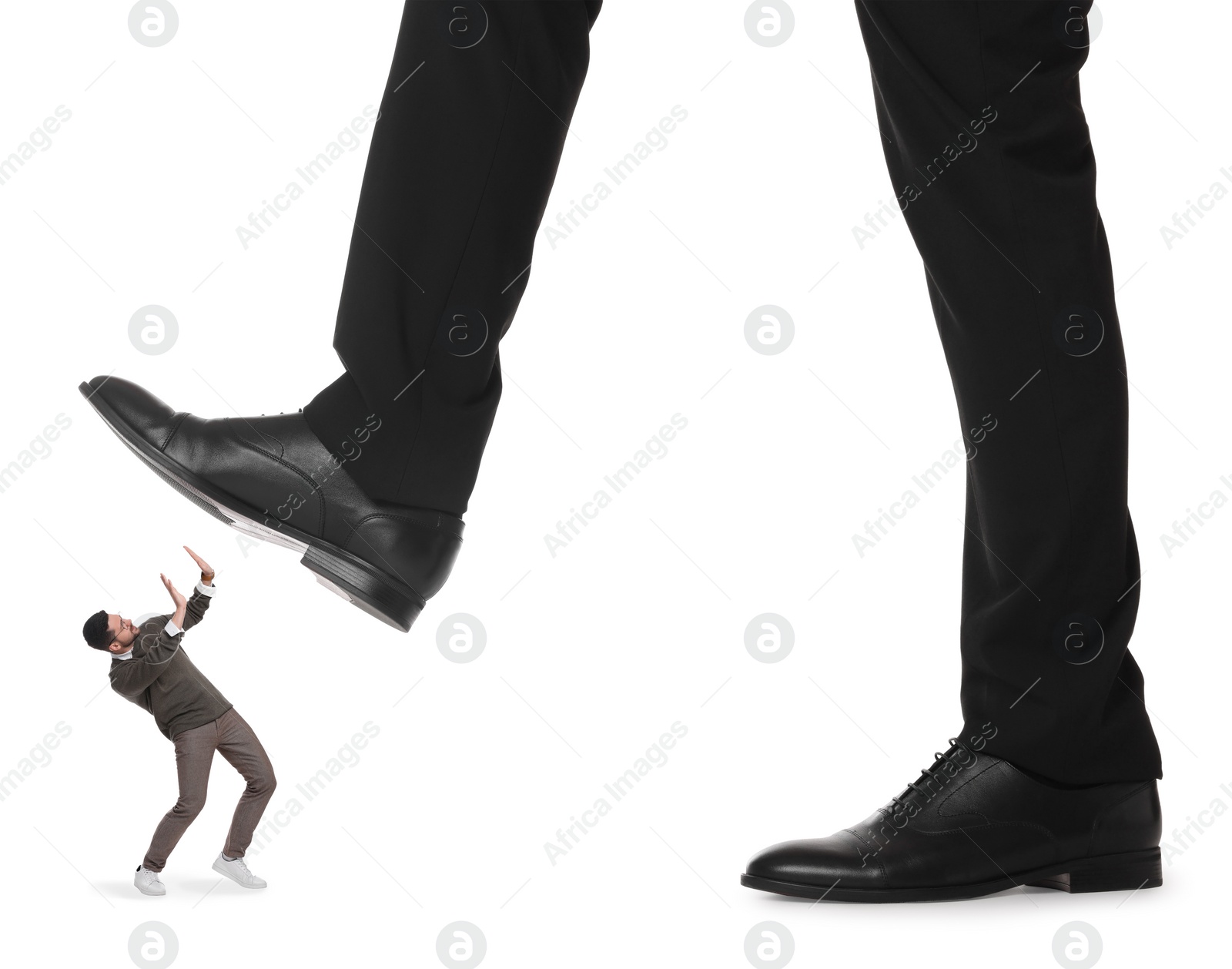 Image of Giant stepping onto small man on white background