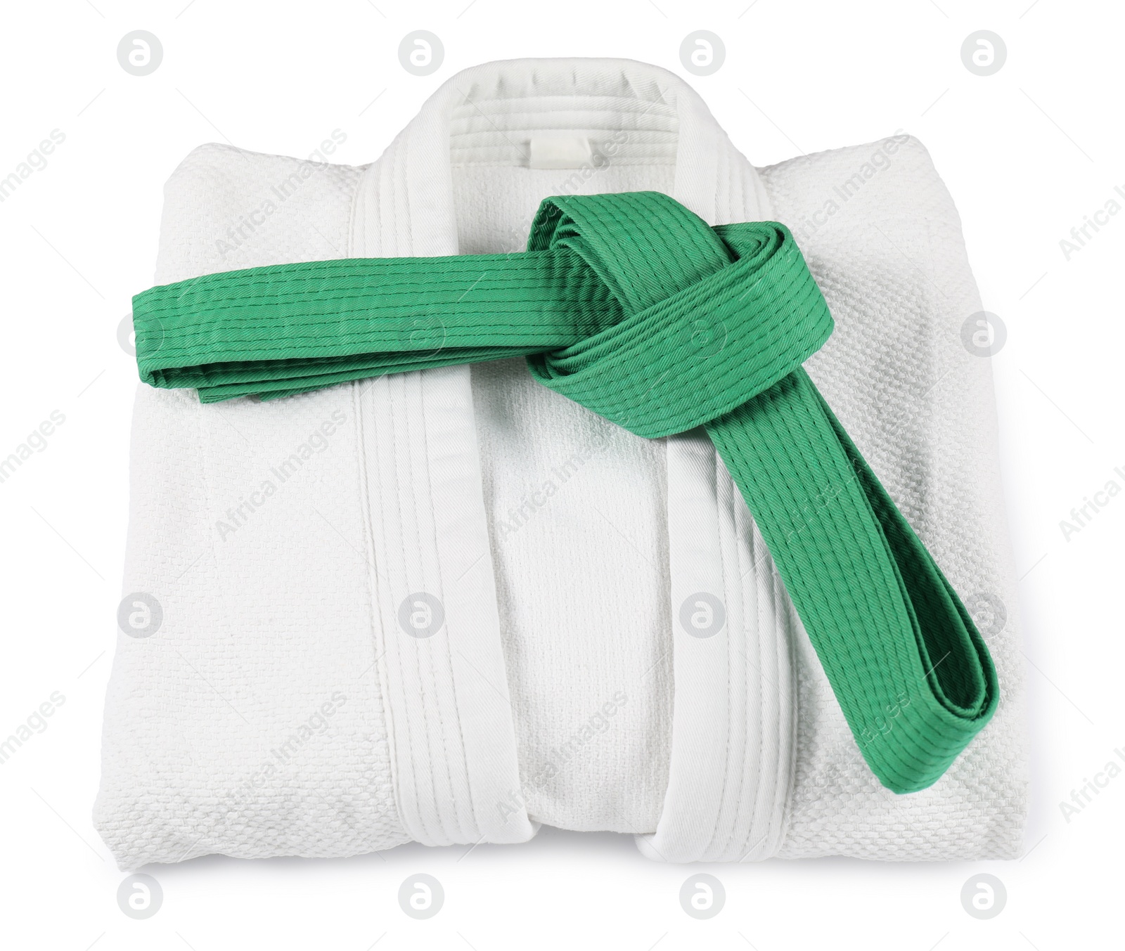 Photo of Green karate belt and kimono isolated on white