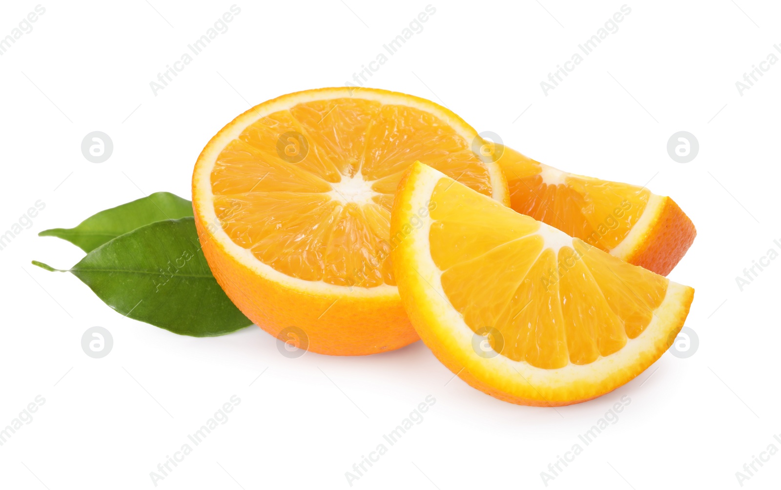 Photo of Cut fresh ripe orange and green leaves isolated on white