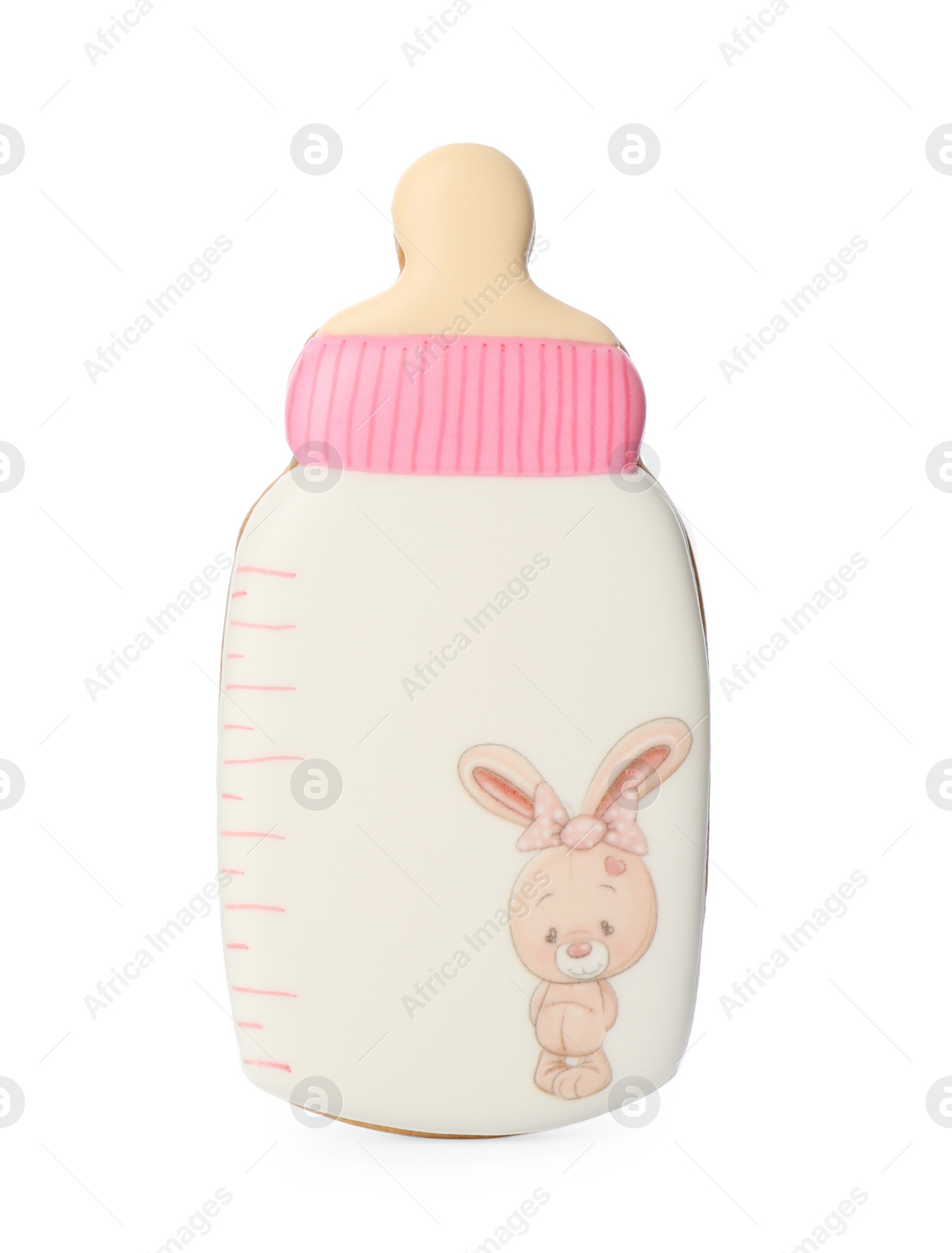 Photo of Tasty cookie in shape of feeding bottle isolated on white. Baby shower party