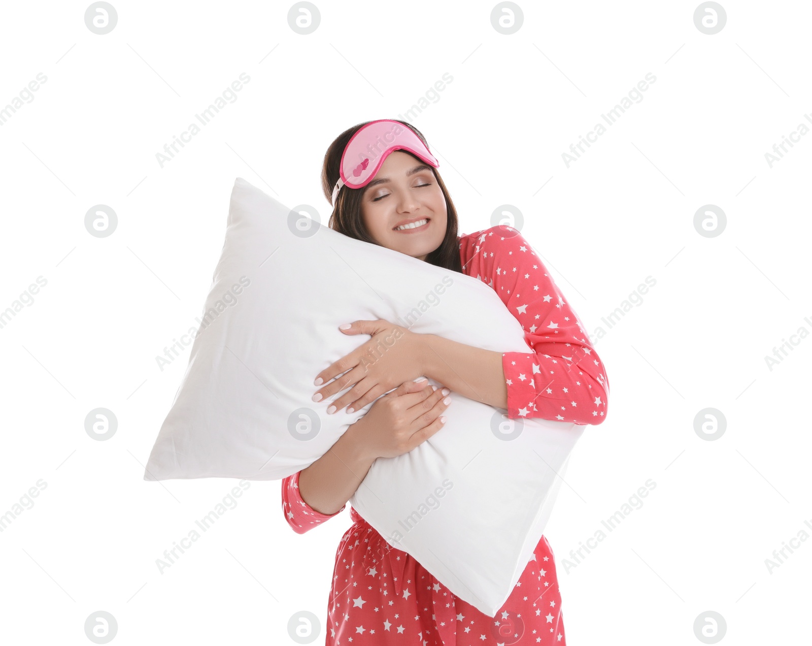 Photo of Beautiful woman with pillow on white background. Bedtime