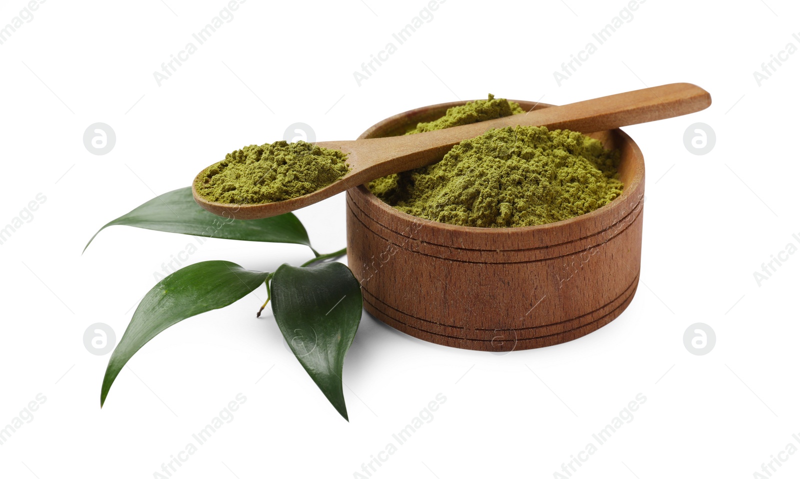 Photo of Henna powder in bowl, spoon and green leaves isolated on white