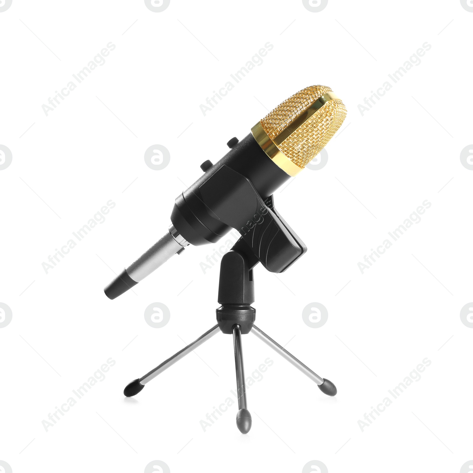 Photo of Modern microphone isolated on white. Journalist's equipment