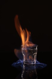 Flaming vodka in shot glass on black background