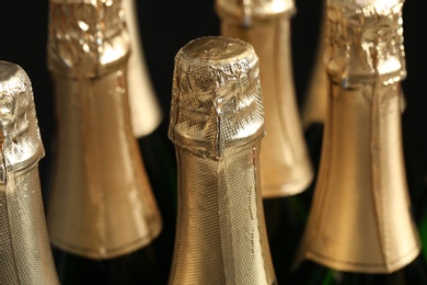 Photo of Many bottles of champagne on dark background, closeup