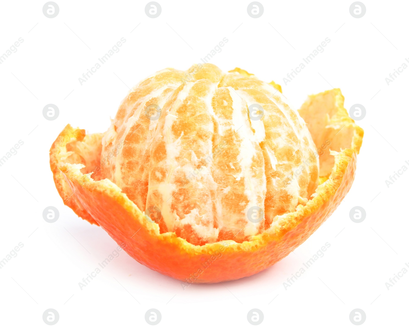 Photo of Peeled ripe tangerine on white background. Citrus fruit