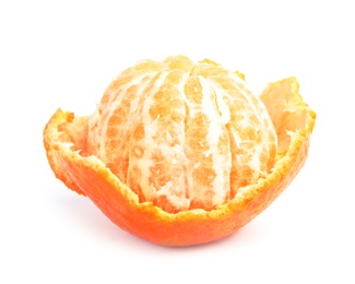 Photo of Peeled ripe tangerine on white background. Citrus fruit