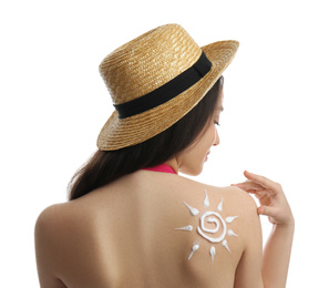 Photo of Young woman with sun protection cream on her back against white background