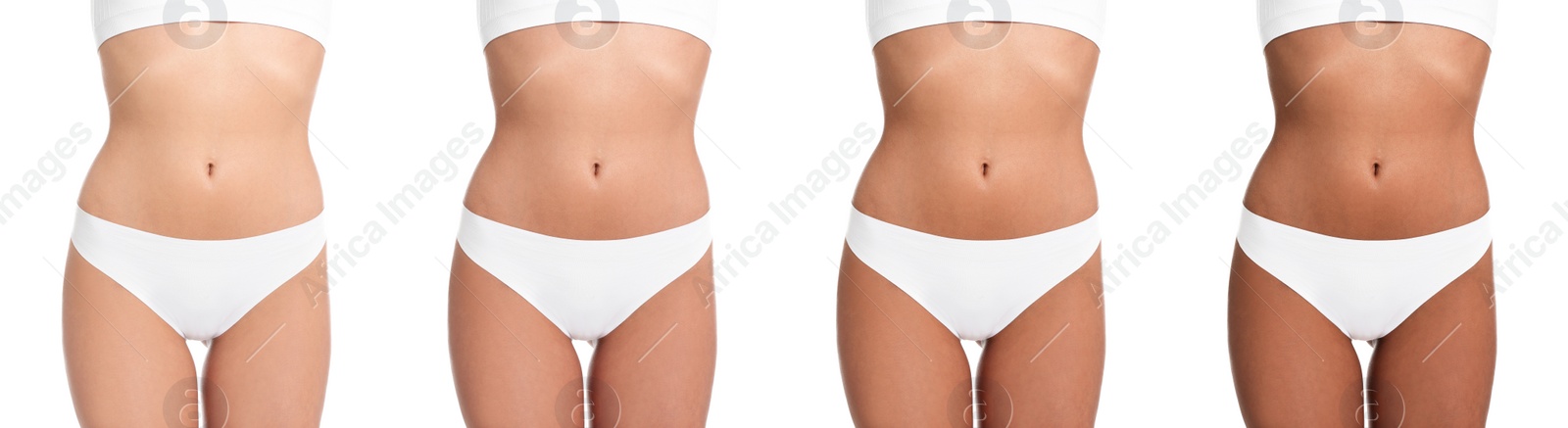 Image of Young woman with beautiful body on white background, closeup. Collage showing stages of suntanning, banner design