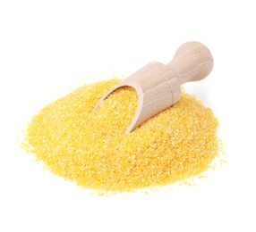 Pile of raw cornmeal and scoop isolated on white