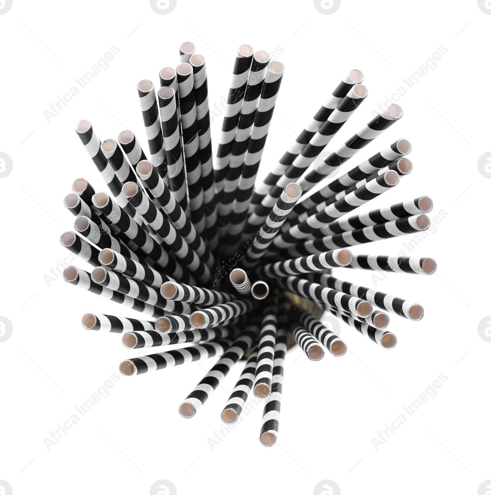 Photo of Striped paper cocktail tubes on white background, top view