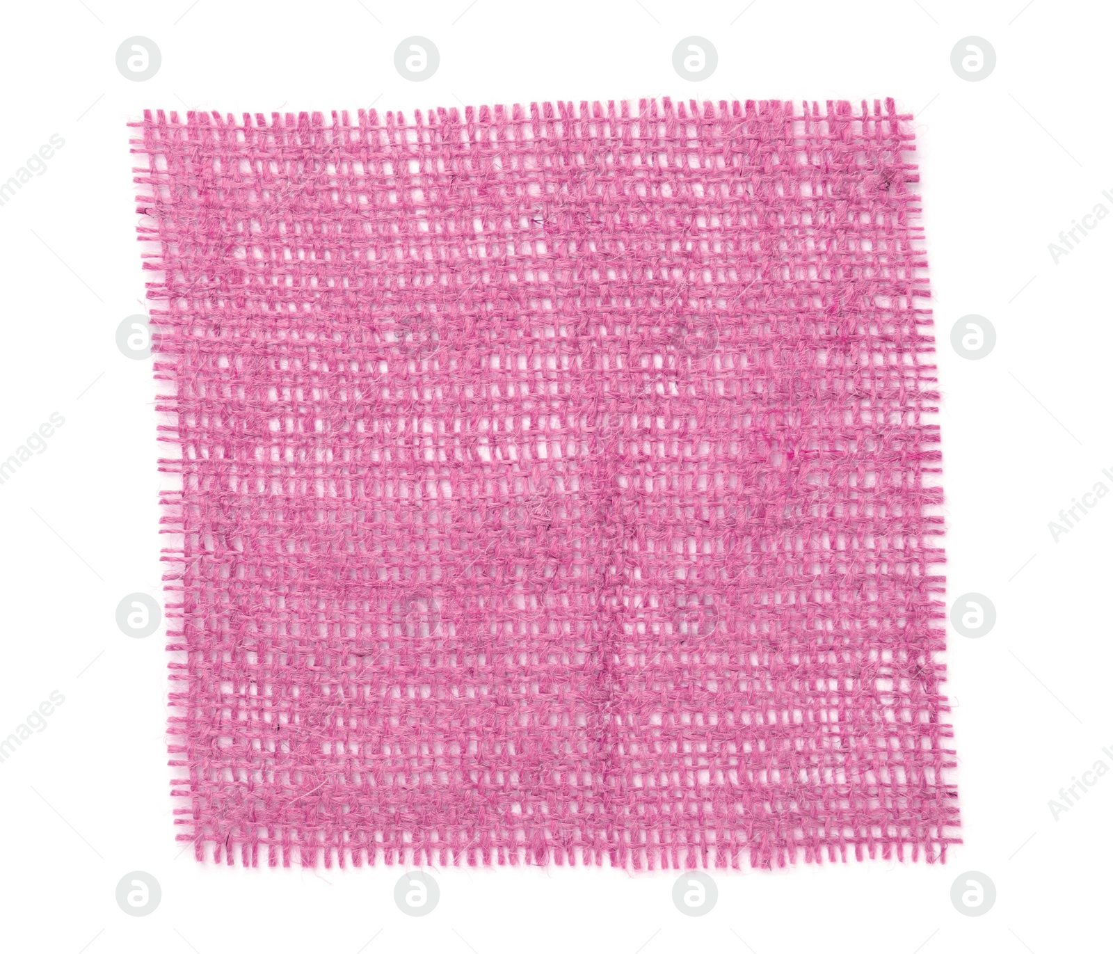 Image of Piece of pink burlap fabric on white background, top view