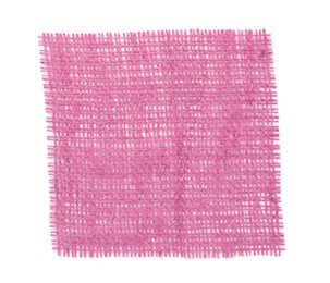 Piece of pink burlap fabric on white background, top view