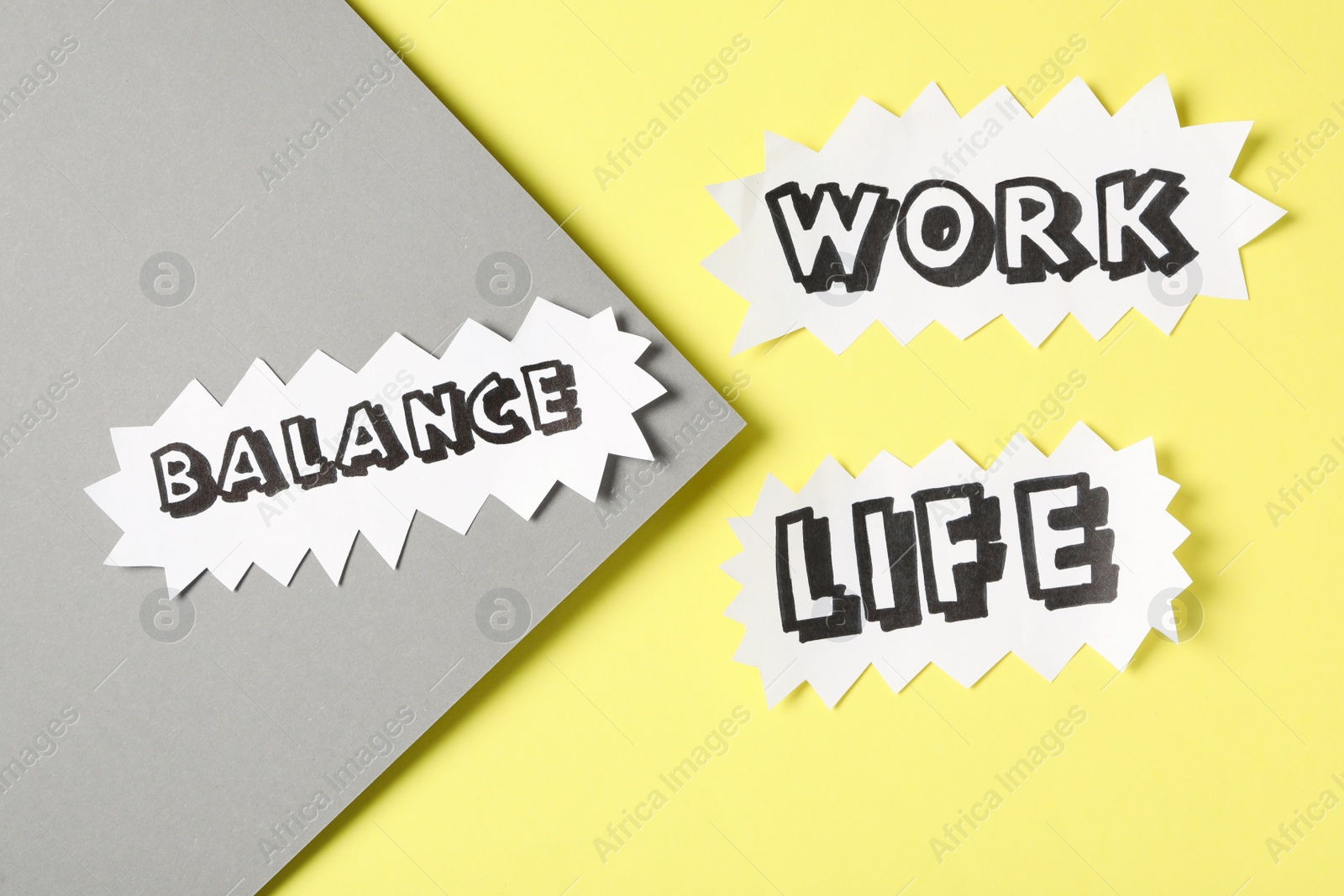 Photo of Paper sheets with words Work, Balance, Life on color background, flat lay