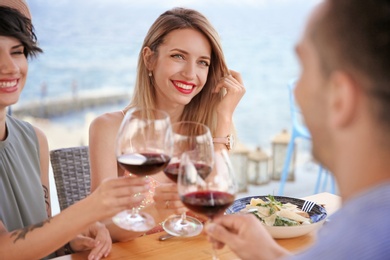 Group of friends with glasses of wine at table