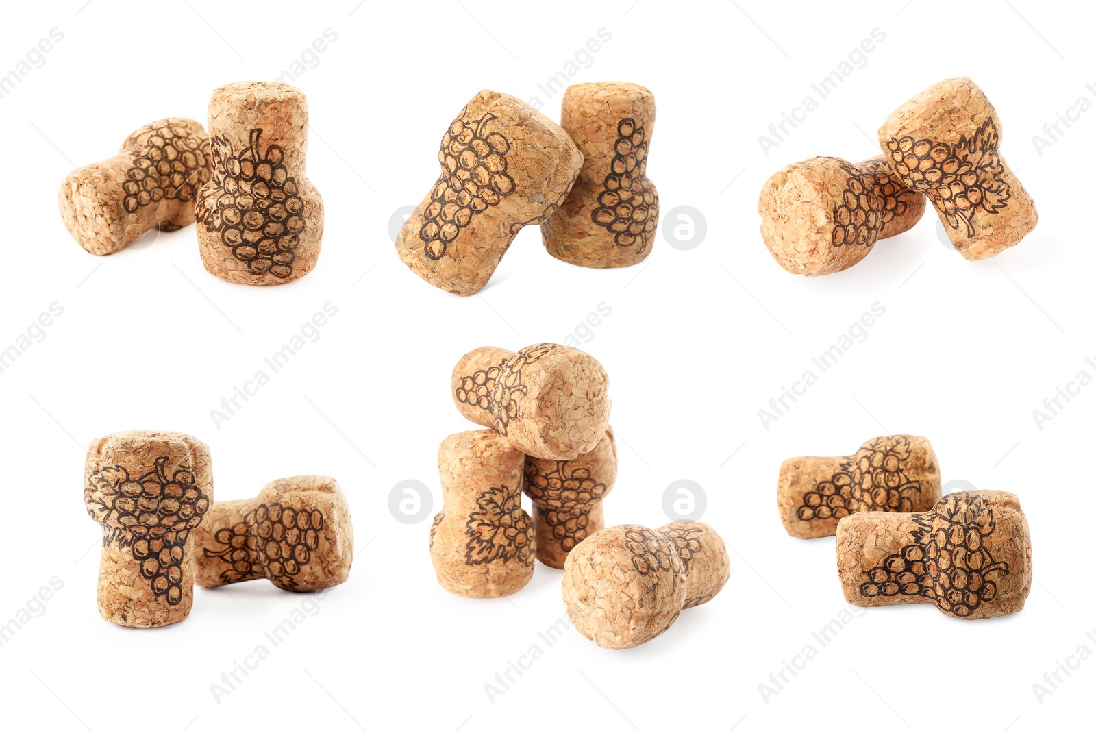 Image of Set with corks of sparkling wine bottles on white background