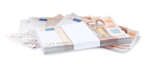 Photo of Pile of euro banknotes isolated on white. Money and finance