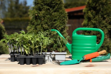 Seedlings growing in plastic containers with soil, gardening tools and watering can on wooden table outdoors